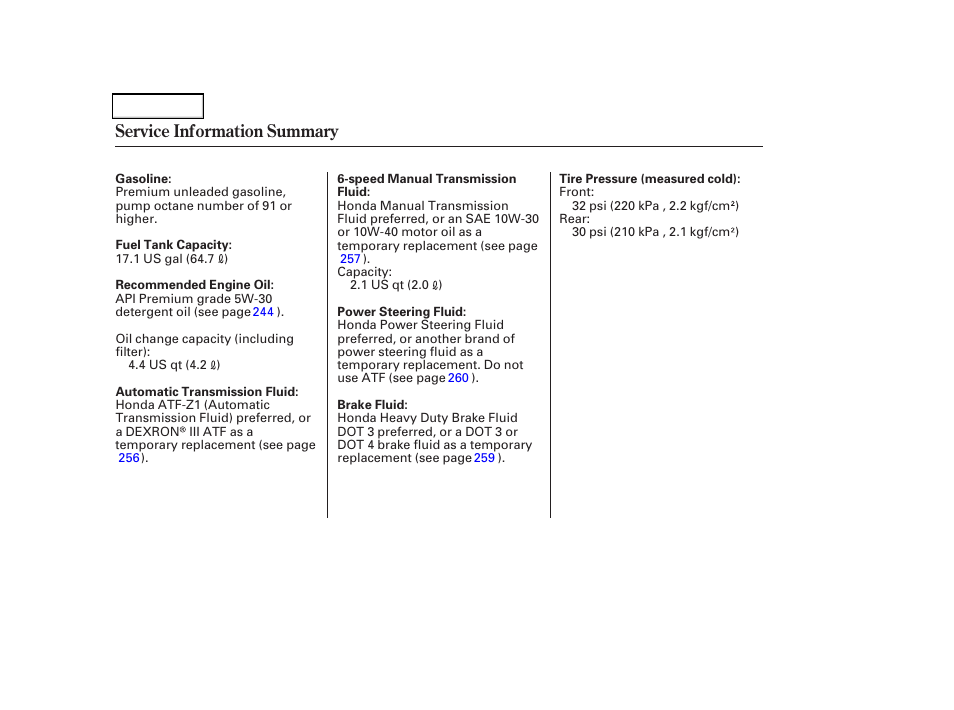 Service information summary | Acura 2004 TSX - Owner's Manual User Manual | Page 364 / 364