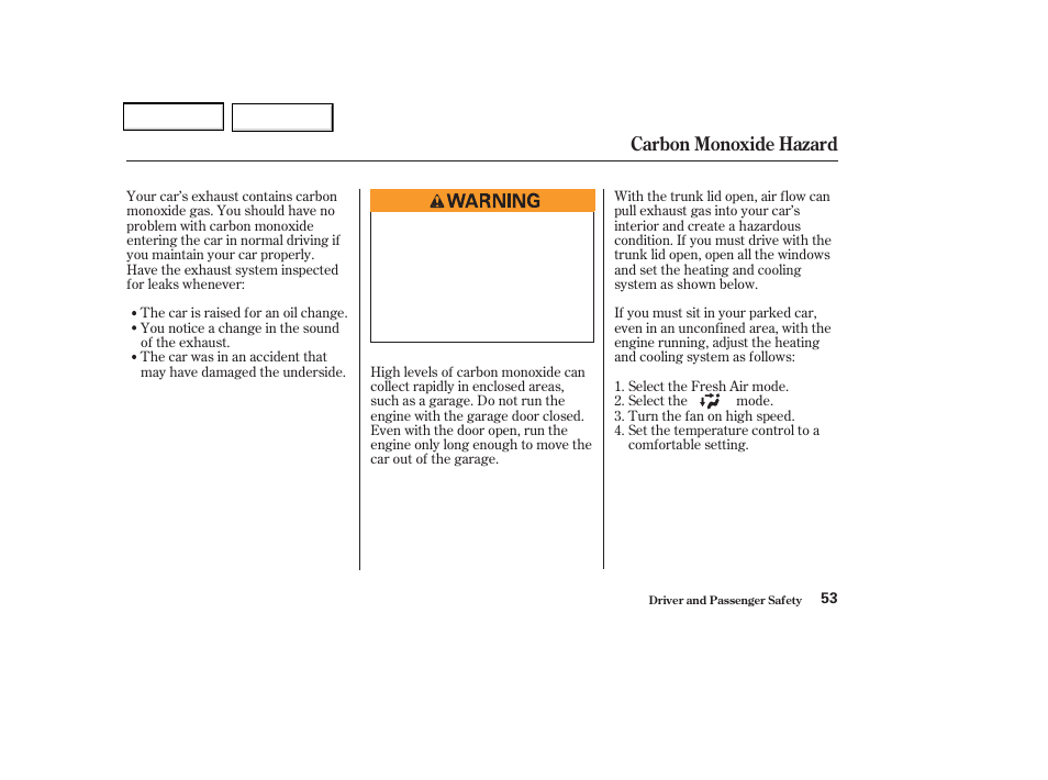 Carbon monoxide hazard | Acura 2004 TSX - Owner's Manual User Manual | Page 56 / 364