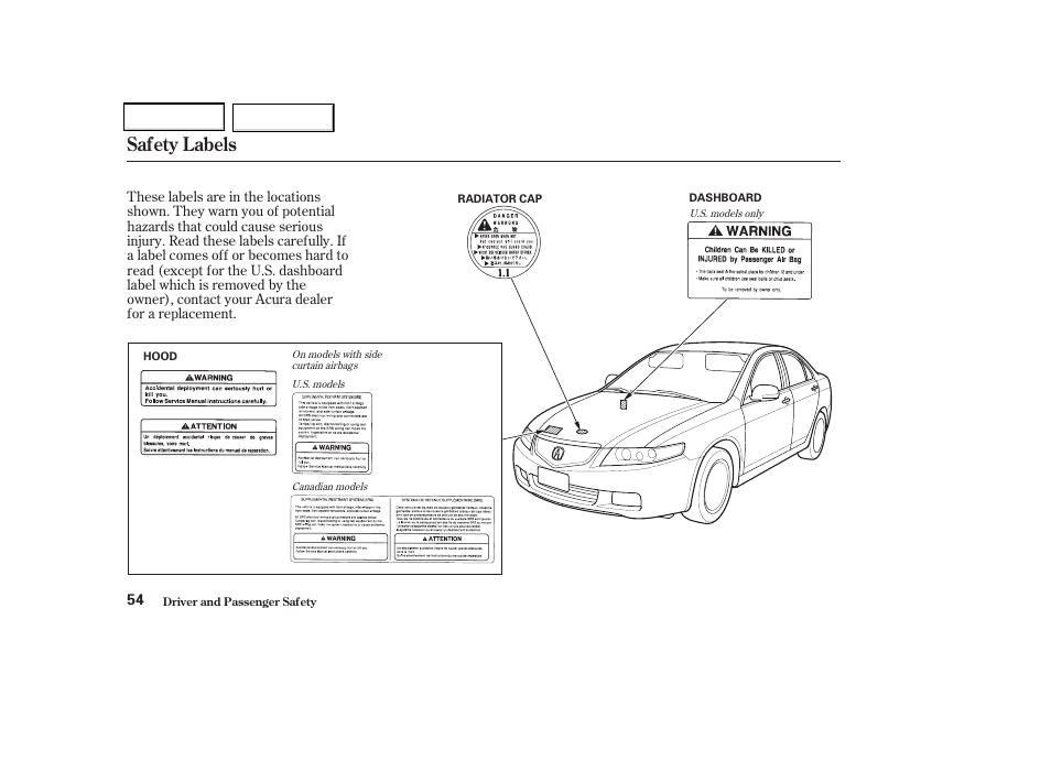 Safety labels | Acura 2004 TSX - Owner's Manual User Manual | Page 57 / 364