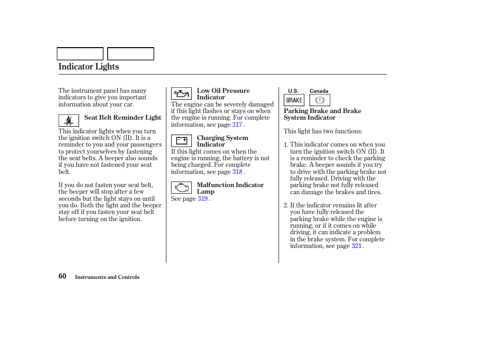 Indicator lights | Acura 2004 TSX - Owner's Manual User Manual | Page 63 / 364