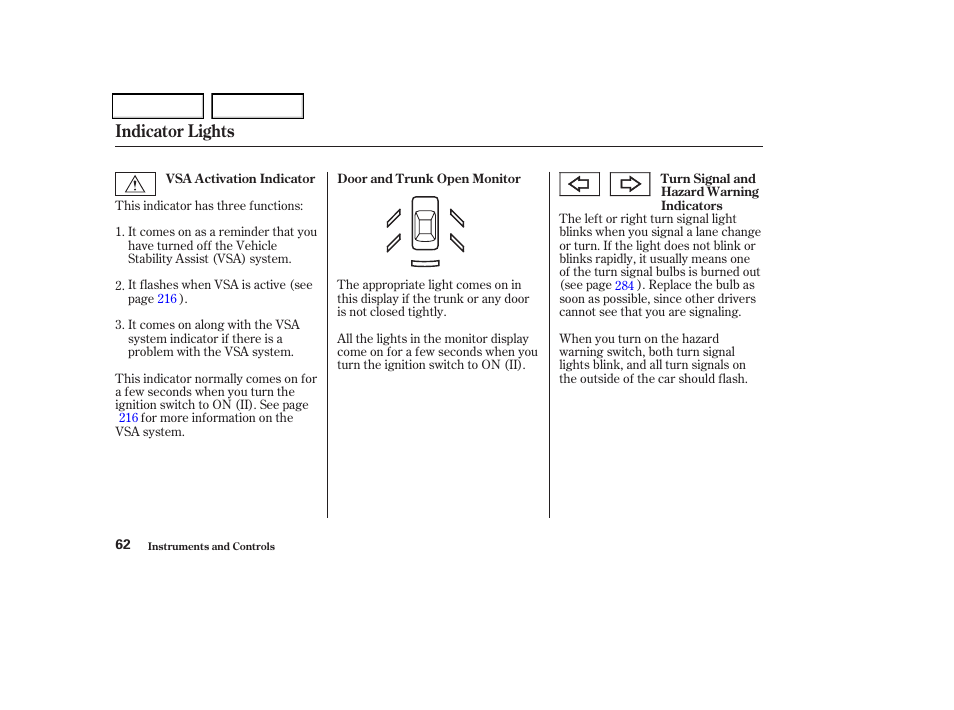 Indicator lights | Acura 2004 TSX - Owner's Manual User Manual | Page 65 / 364
