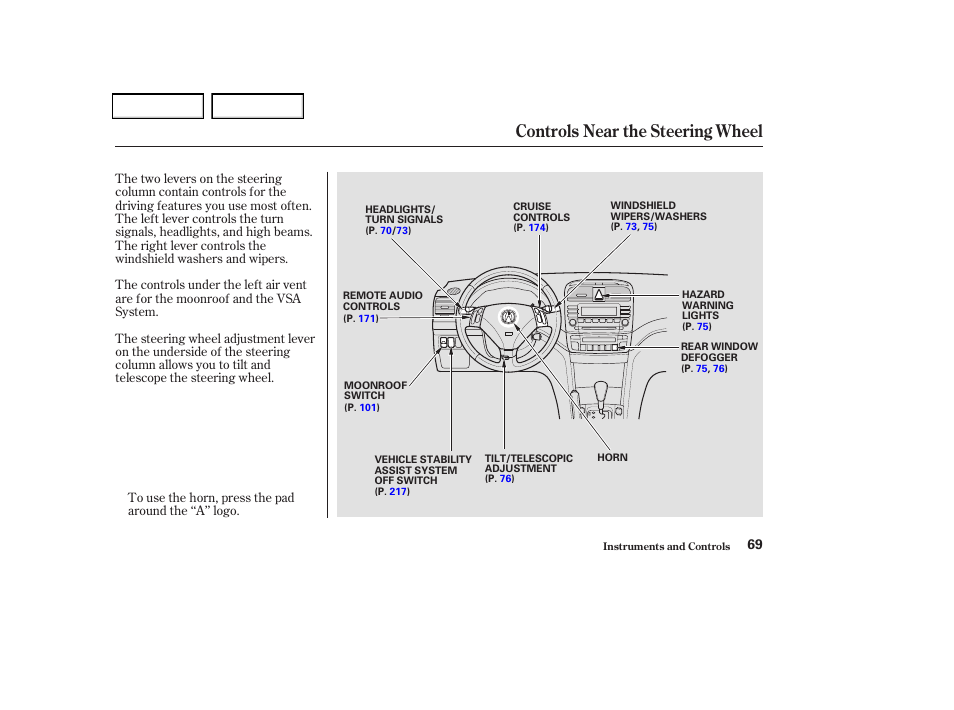 Controls near the steering wheel | Acura 2004 TSX - Owner's Manual User Manual | Page 72 / 364