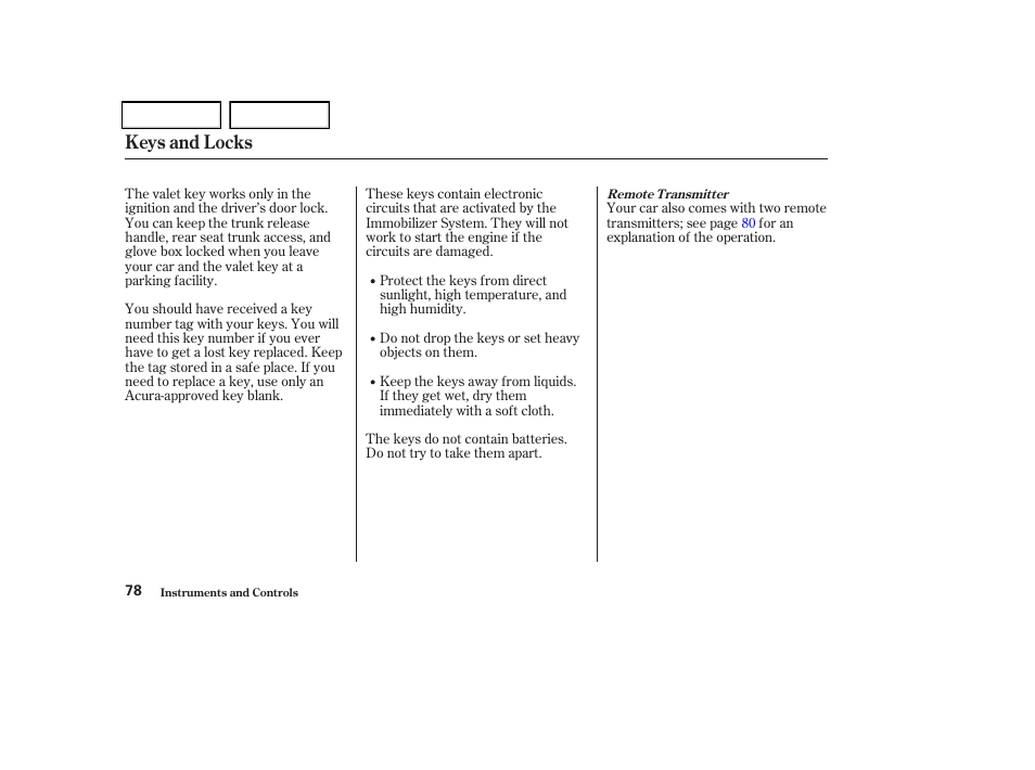 Keys and locks | Acura 2004 TSX - Owner's Manual User Manual | Page 81 / 364