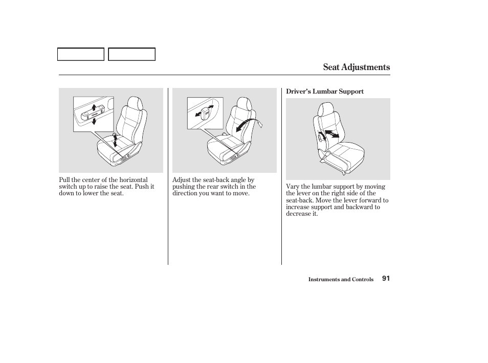 Seat adjustments | Acura 2004 TSX - Owner's Manual User Manual | Page 94 / 364