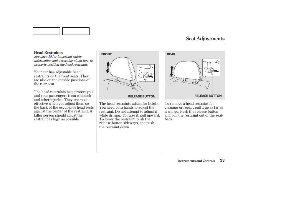 Seat adjustments | Acura 2004 TSX - Owner's Manual User Manual | Page 96 / 364