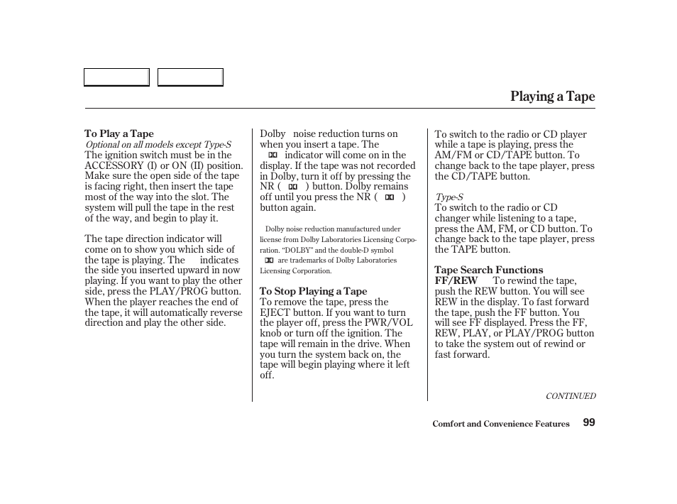Playing a tape | Acura 2004 RSX - Owner's Manual User Manual | Page 102 / 250