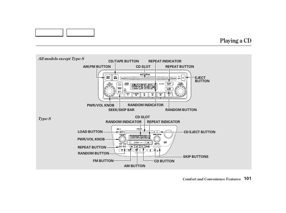 Playing a cd | Acura 2004 RSX - Owner's Manual User Manual | Page 104 / 250