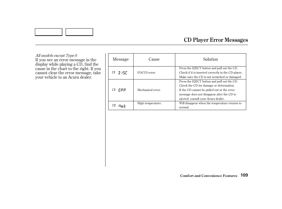 Cd player error messages | Acura 2004 RSX - Owner's Manual User Manual | Page 112 / 250