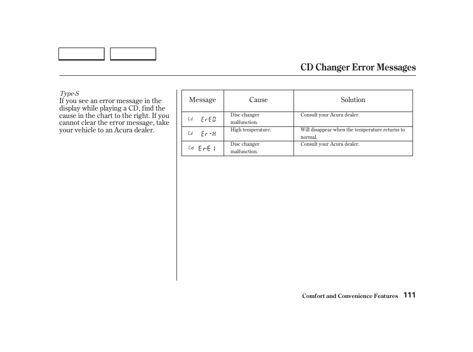 Cd changer error messages | Acura 2004 RSX - Owner's Manual User Manual | Page 114 / 250