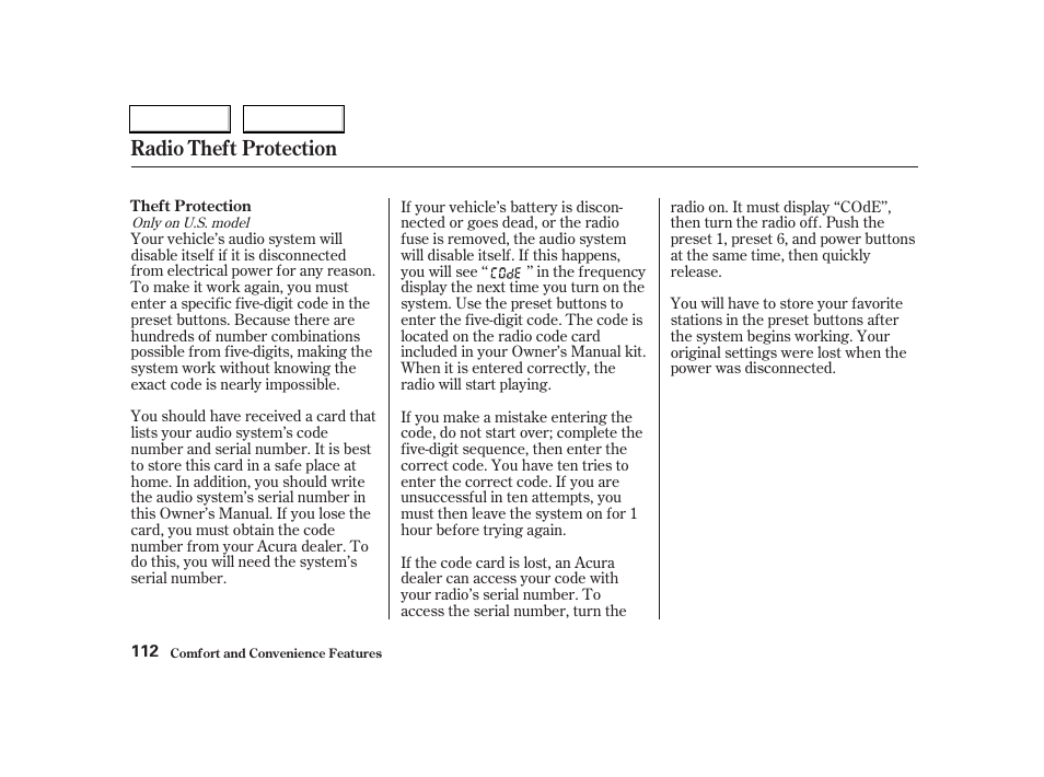 Radio theft protection | Acura 2004 RSX - Owner's Manual User Manual | Page 115 / 250