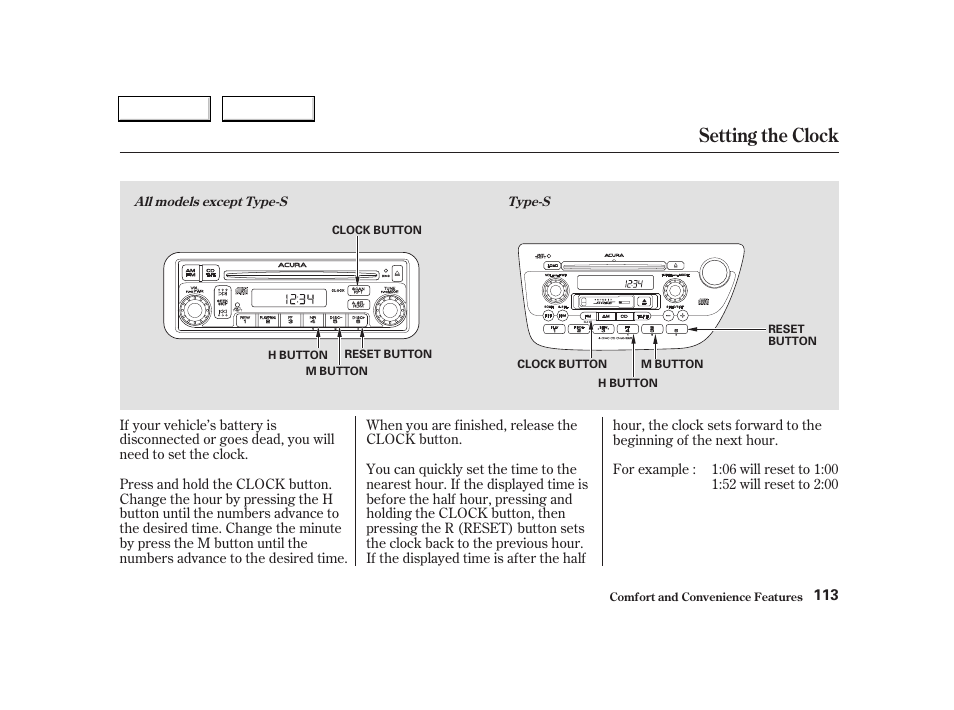 Setting the clock | Acura 2004 RSX - Owner's Manual User Manual | Page 116 / 250