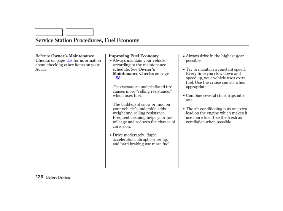 Service station procedures, fuel economy | Acura 2004 RSX - Owner's Manual User Manual | Page 129 / 250