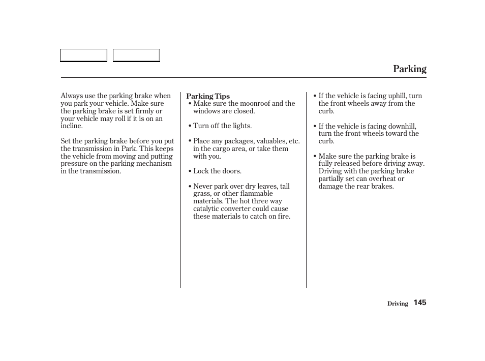 Parking | Acura 2004 RSX - Owner's Manual User Manual | Page 148 / 250
