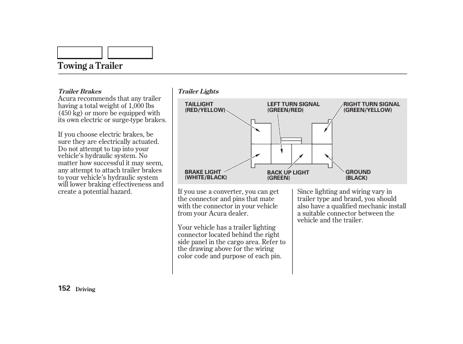 Towing a trailer | Acura 2004 RSX - Owner's Manual User Manual | Page 155 / 250