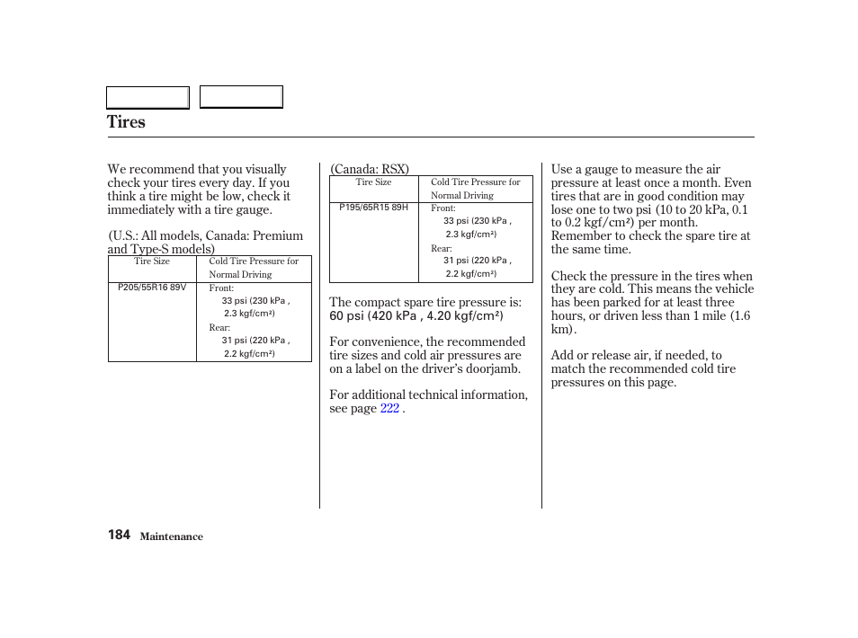 Tires | Acura 2004 RSX - Owner's Manual User Manual | Page 187 / 250