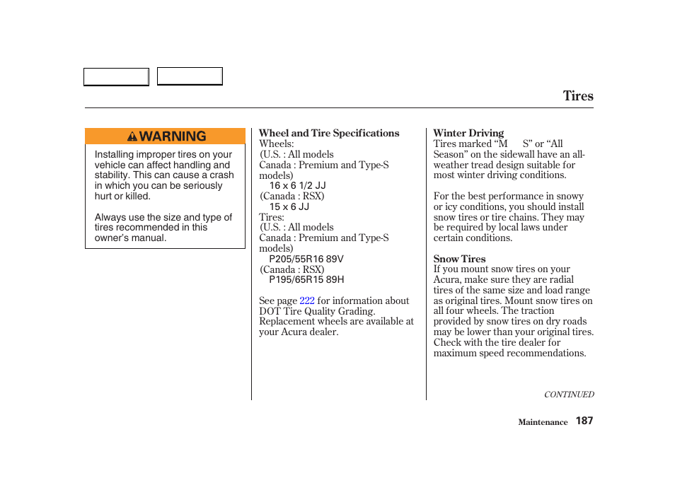 Tires | Acura 2004 RSX - Owner's Manual User Manual | Page 190 / 250