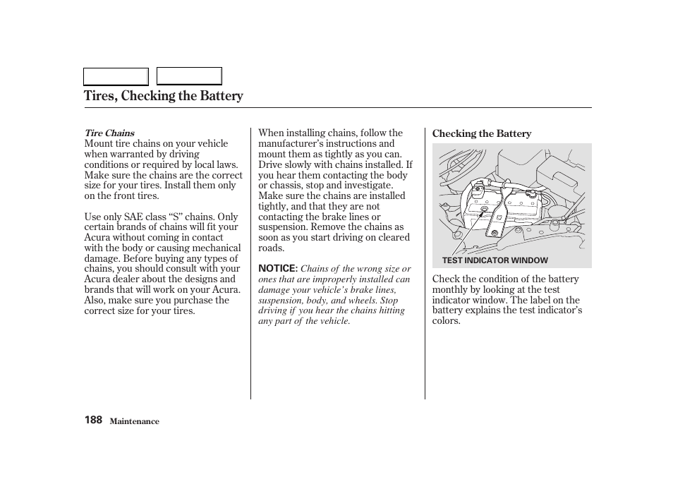 Tires, checking the battery | Acura 2004 RSX - Owner's Manual User Manual | Page 191 / 250