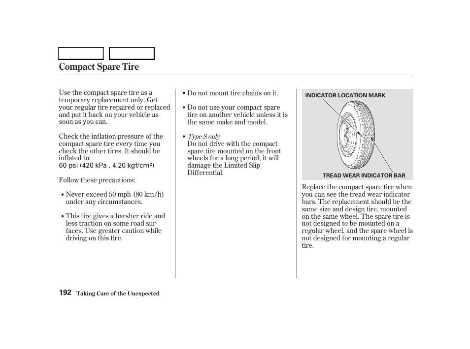Compact spare tire | Acura 2004 RSX - Owner's Manual User Manual | Page 195 / 250