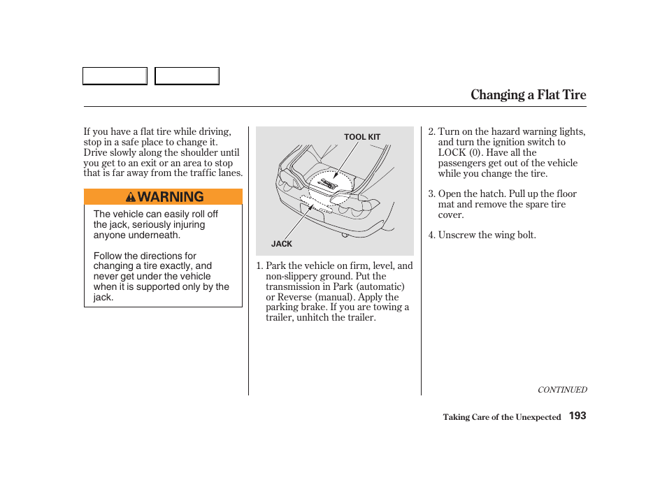 Changing a flat tire | Acura 2004 RSX - Owner's Manual User Manual | Page 196 / 250