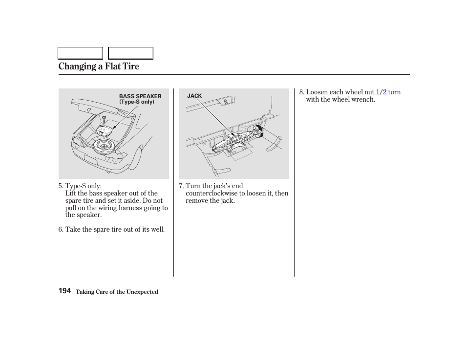 Changing a flat tire | Acura 2004 RSX - Owner's Manual User Manual | Page 197 / 250