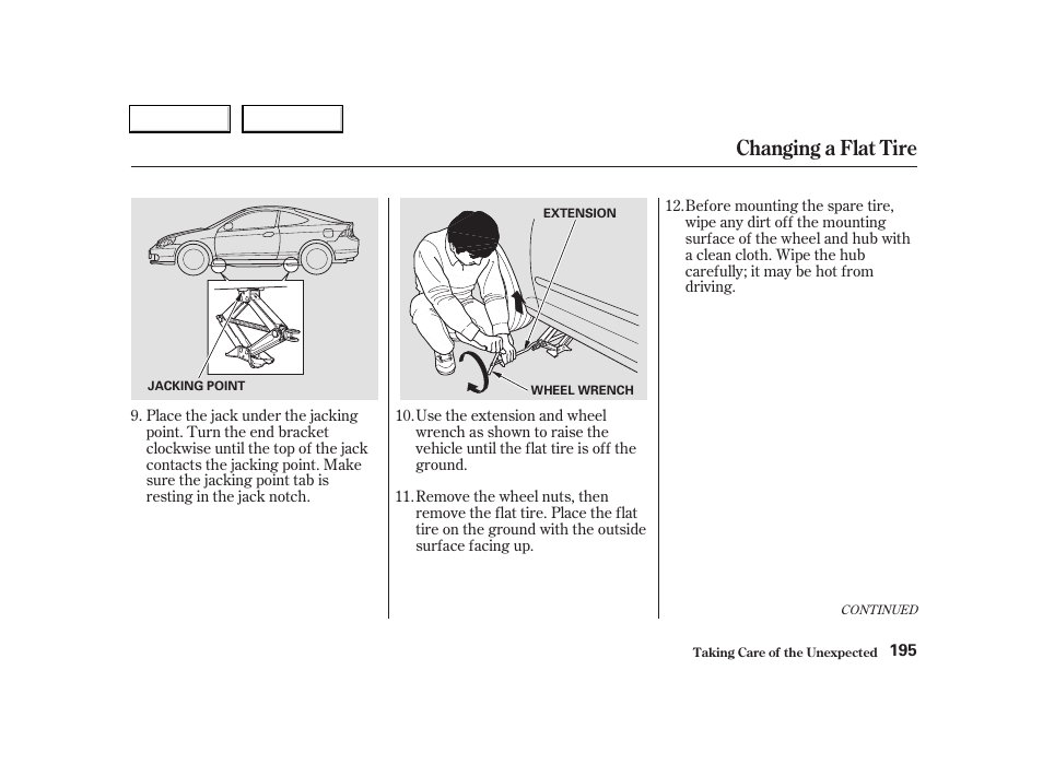 Changing a flat tire | Acura 2004 RSX - Owner's Manual User Manual | Page 198 / 250