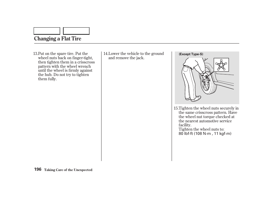 Changing a flat tire | Acura 2004 RSX - Owner's Manual User Manual | Page 199 / 250