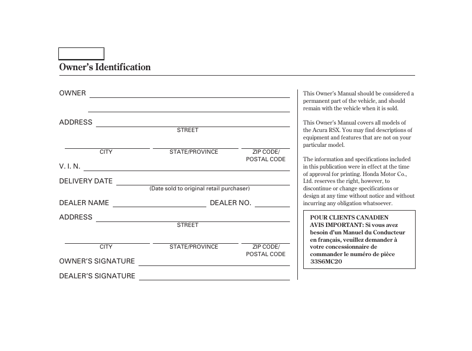 Owner's identification form, Owner’s identification | Acura 2004 RSX - Owner's Manual User Manual | Page 2 / 250