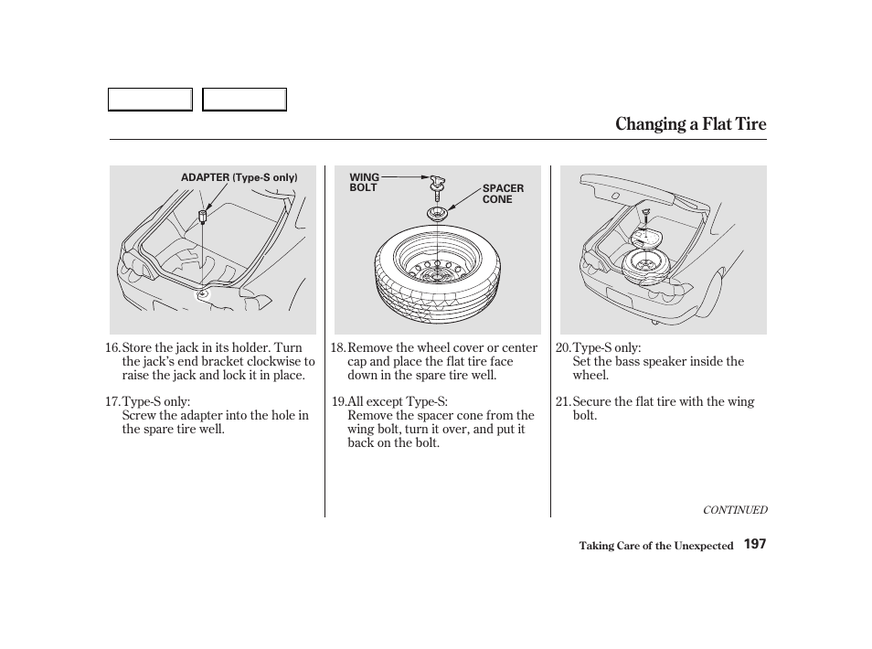 Changing a flat tire | Acura 2004 RSX - Owner's Manual User Manual | Page 200 / 250