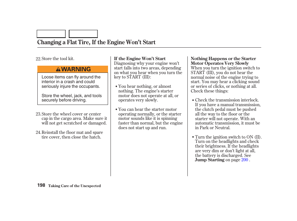 Changing a flat tire, if the engine won’t start | Acura 2004 RSX - Owner's Manual User Manual | Page 201 / 250