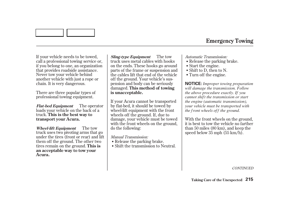Emergency towing | Acura 2004 RSX - Owner's Manual User Manual | Page 218 / 250