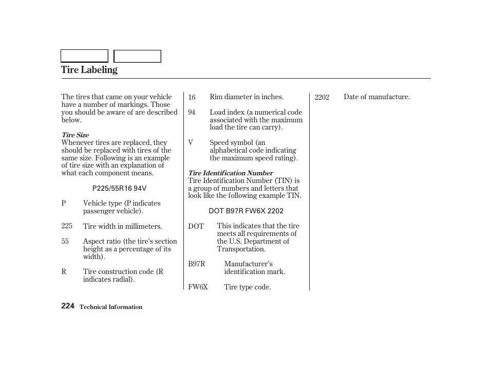 Tire labeling | Acura 2004 RSX - Owner's Manual User Manual | Page 227 / 250