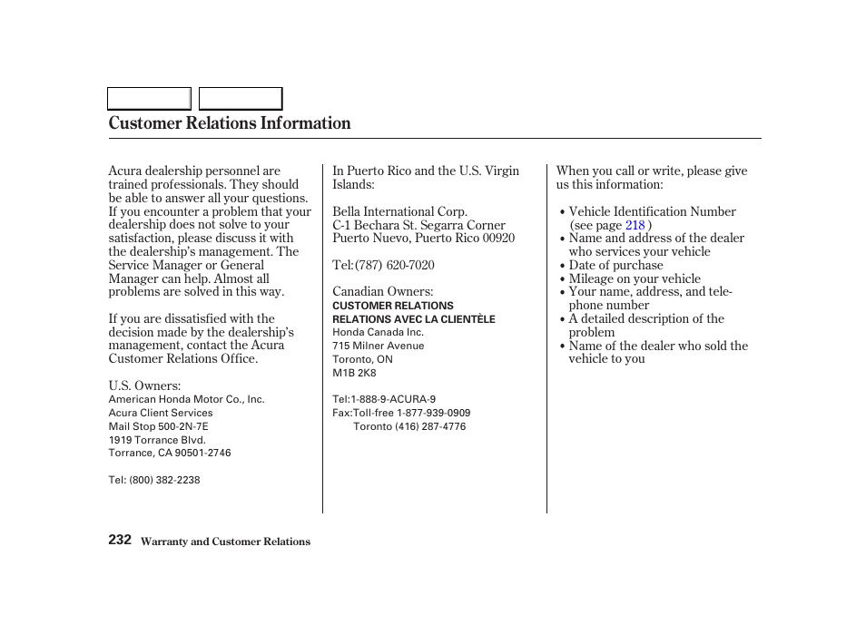 Customer relations information | Acura 2004 RSX - Owner's Manual User Manual | Page 235 / 250