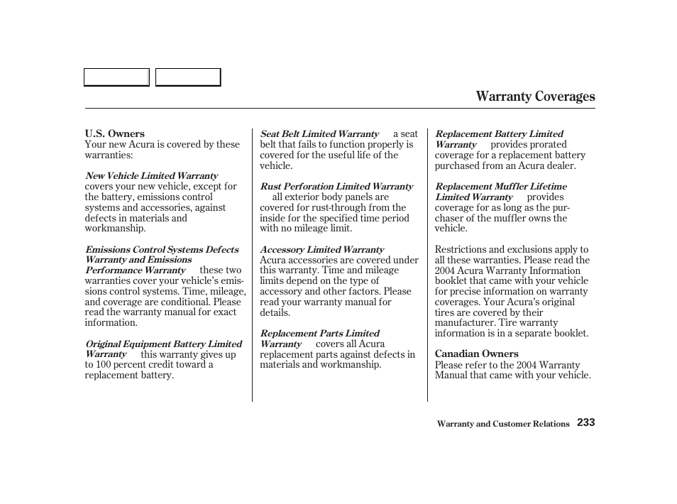 Warranty coverages | Acura 2004 RSX - Owner's Manual User Manual | Page 236 / 250