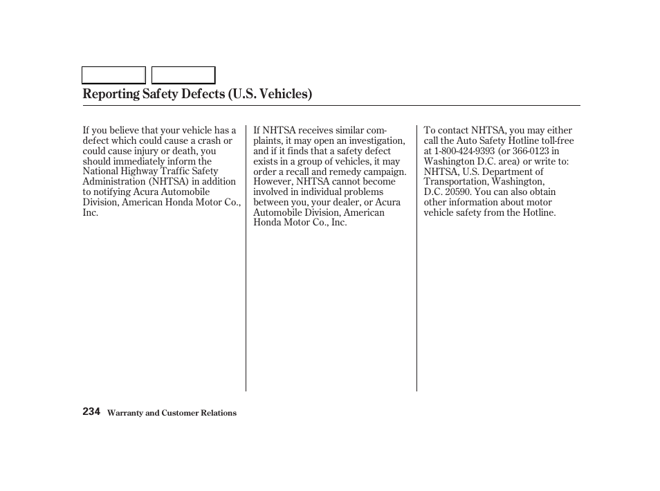 Reporting safety defects (u.s. vehicles) | Acura 2004 RSX - Owner's Manual User Manual | Page 237 / 250