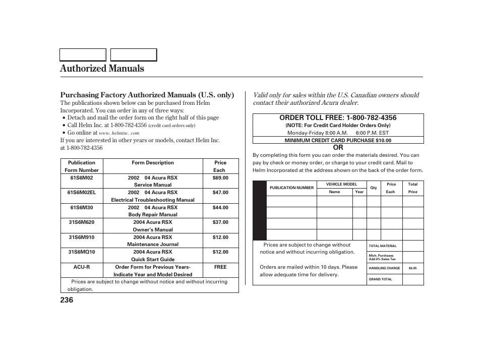 Authorized manuals, Purchasing factory authorized manuals (u.s. only) | Acura 2004 RSX - Owner's Manual User Manual | Page 239 / 250