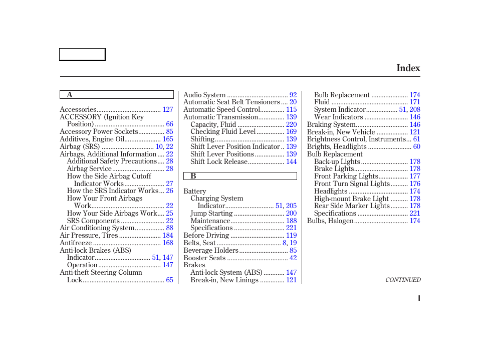Index | Acura 2004 RSX - Owner's Manual User Manual | Page 241 / 250