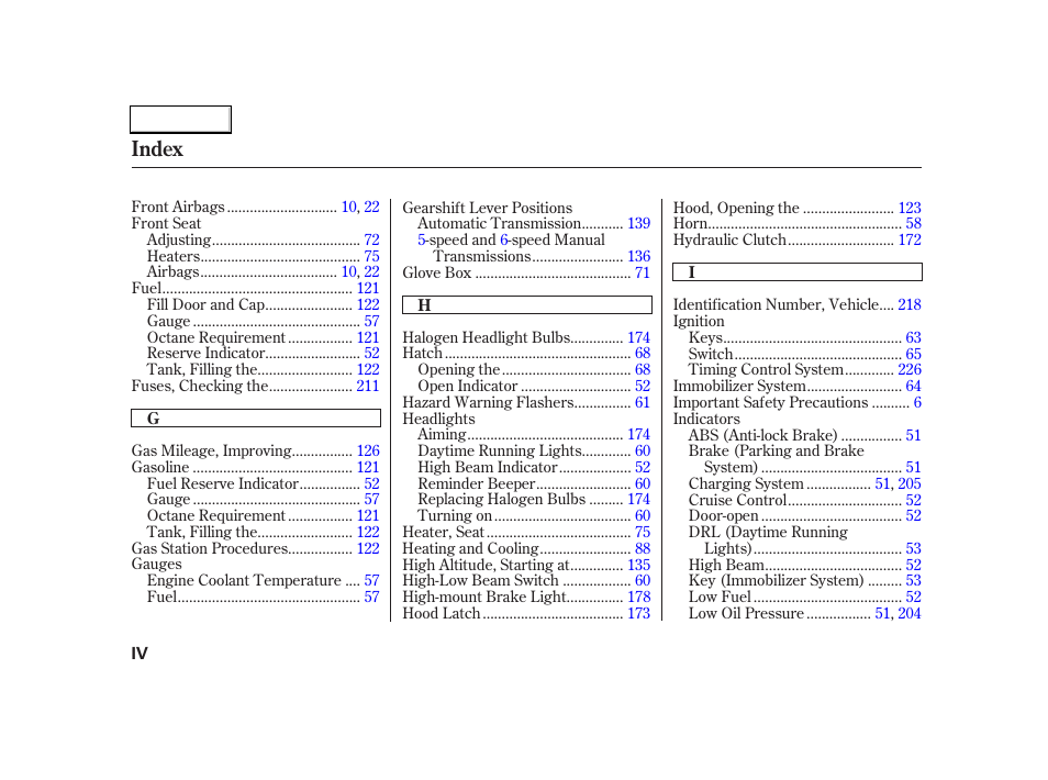 Index | Acura 2004 RSX - Owner's Manual User Manual | Page 244 / 250