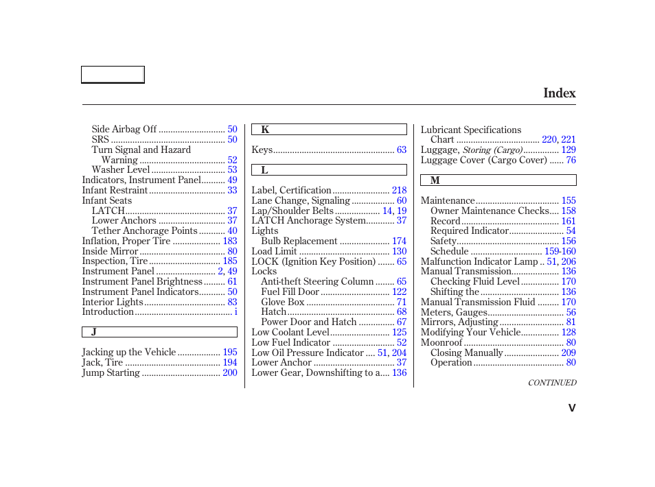 Index | Acura 2004 RSX - Owner's Manual User Manual | Page 245 / 250