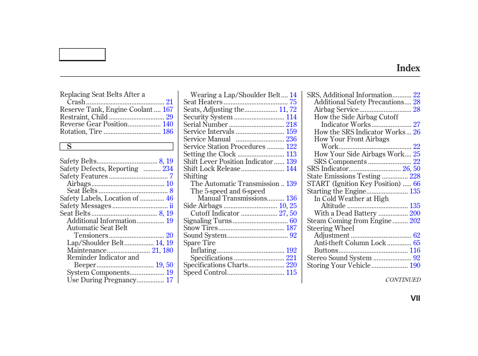 Index | Acura 2004 RSX - Owner's Manual User Manual | Page 247 / 250