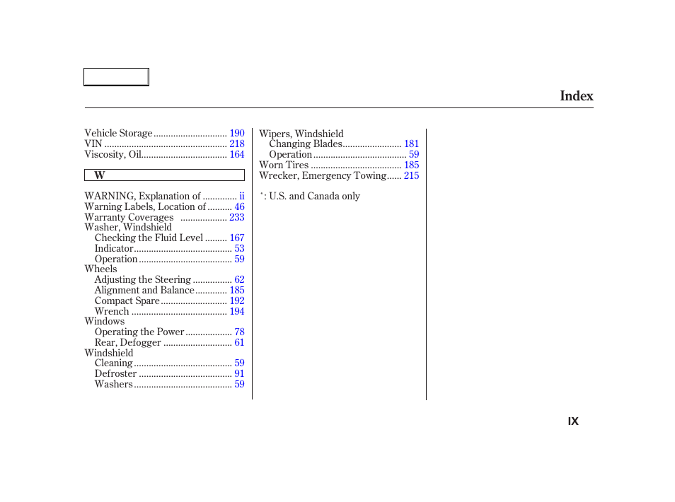 Index | Acura 2004 RSX - Owner's Manual User Manual | Page 249 / 250