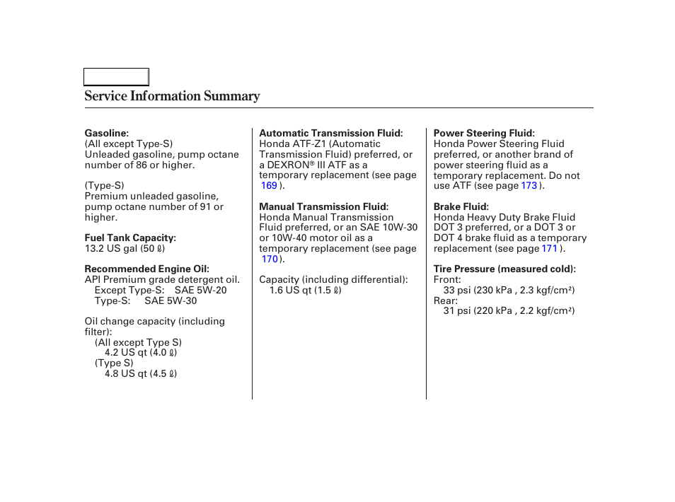 Service information summary | Acura 2004 RSX - Owner's Manual User Manual | Page 250 / 250