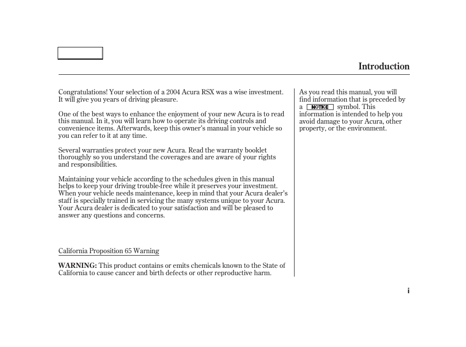 Introduction | Acura 2004 RSX - Owner's Manual User Manual | Page 3 / 250