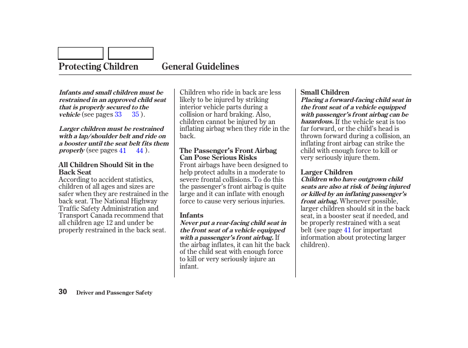 Protecting children general guidelines | Acura 2004 RSX - Owner's Manual User Manual | Page 33 / 250
