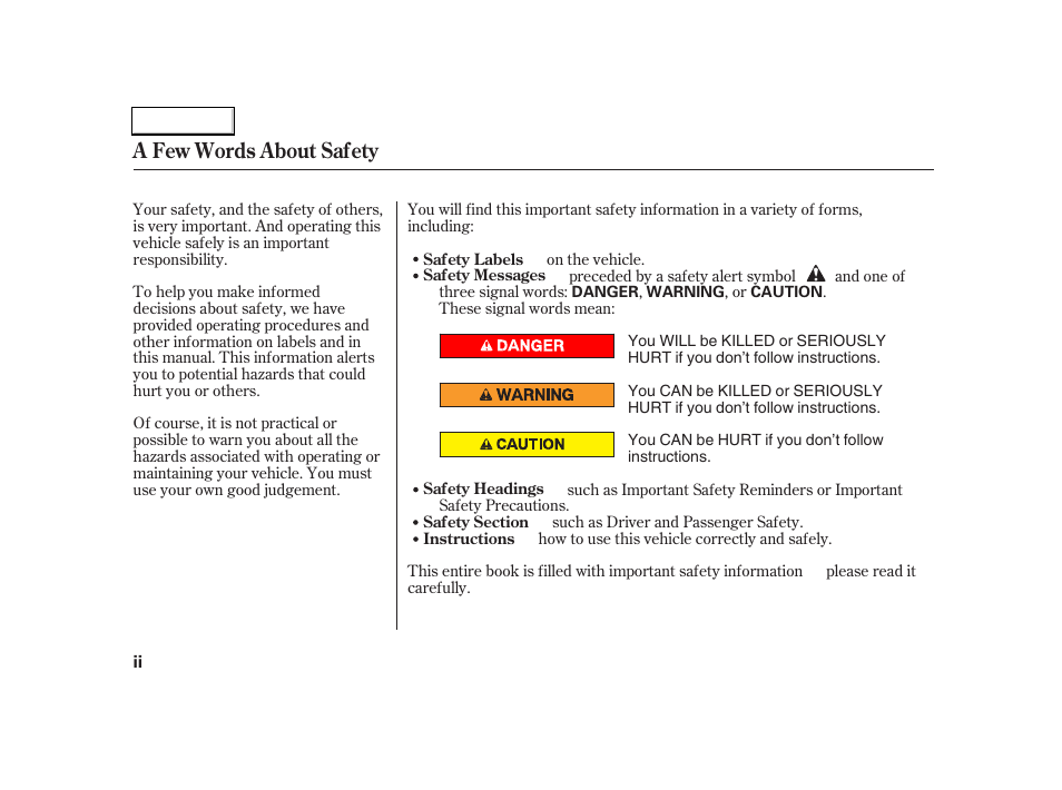 A few words about safety | Acura 2004 RSX - Owner's Manual User Manual | Page 4 / 250