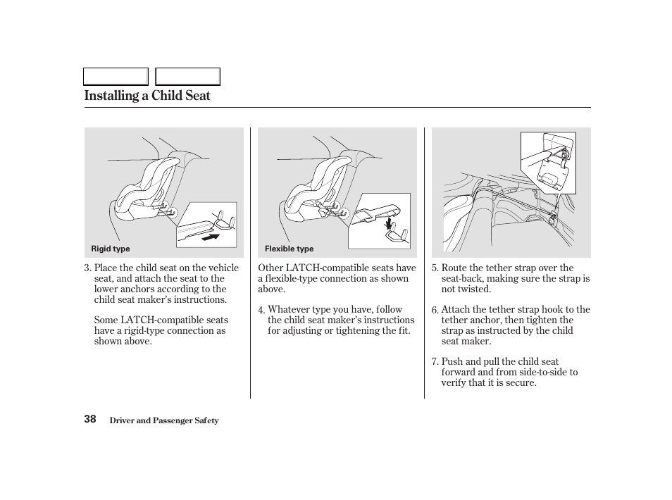 Installing a child seat | Acura 2004 RSX - Owner's Manual User Manual | Page 41 / 250