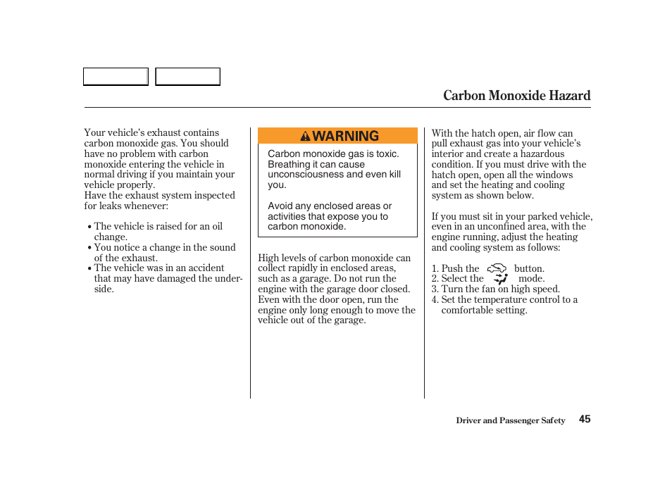 Carbon monoxide hazard | Acura 2004 RSX - Owner's Manual User Manual | Page 48 / 250