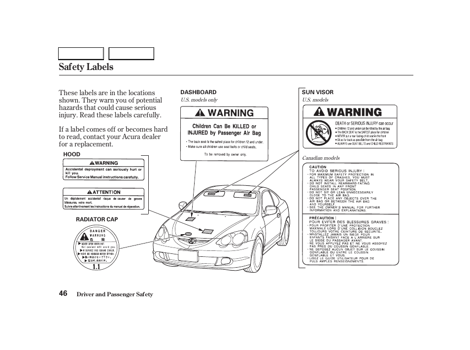 Safety labels | Acura 2004 RSX - Owner's Manual User Manual | Page 49 / 250