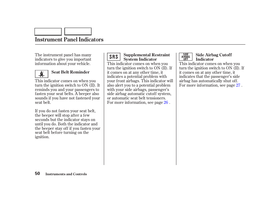 Instrument panel indicators | Acura 2004 RSX - Owner's Manual User Manual | Page 53 / 250