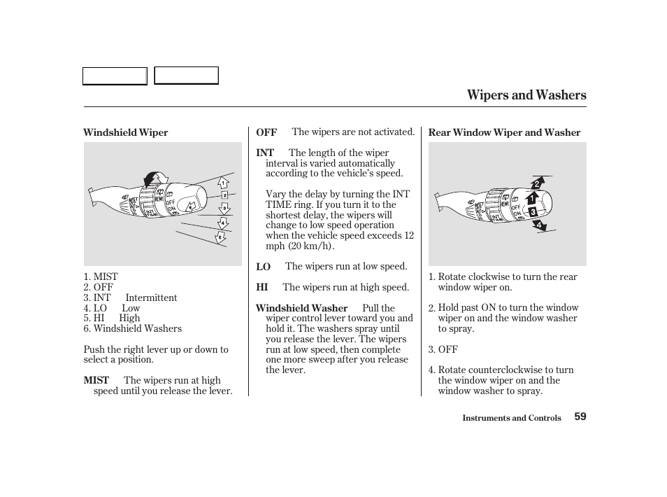 Wipers and washers | Acura 2004 RSX - Owner's Manual User Manual | Page 62 / 250