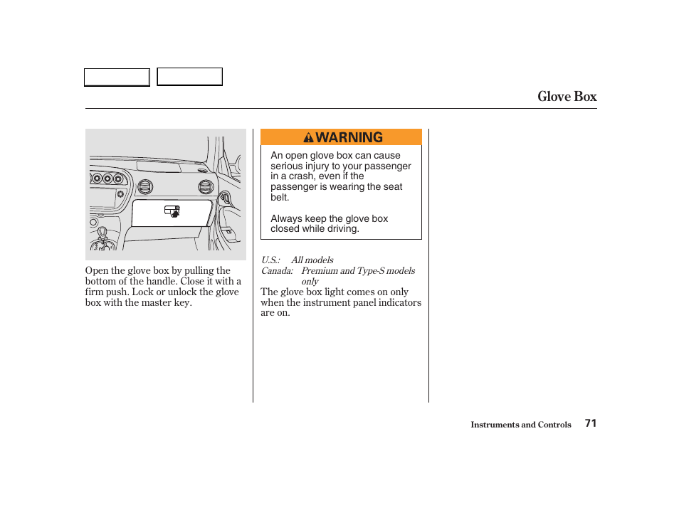 Glove box | Acura 2004 RSX - Owner's Manual User Manual | Page 74 / 250